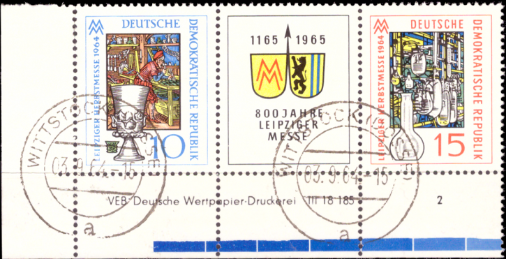Briefmarken: DDR 1964, Mi.Nr. 1052-1053 Dreierstreifen WZd141 mit Druckvermerk, Leipziger Herbstmesse, Gestempelt
