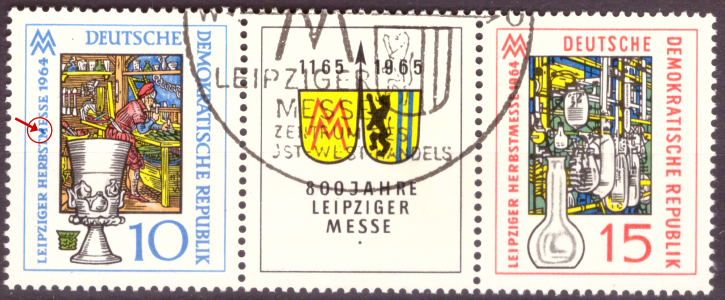 Briefmarken: DDR 1964, Mi.Nr. 1052-1053 Dreierstreifen WZd141 mit Plattenfehler 1052 I, Leipziger Herbstmesse, Gestempelt