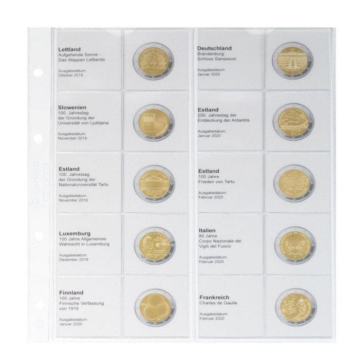 Lindner Vordruckblatt karat 2 Euro-Gedenkmünzen chronologisch: Lettland 2019 bis Frankreich 2020