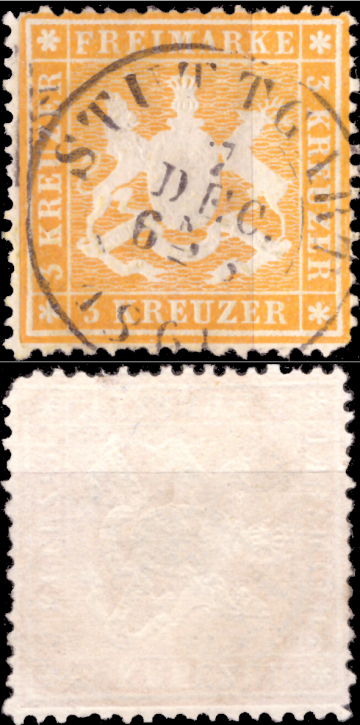 Briefmarken Altdeutschland Württemberg 1861, Mi. Nr. 17y (dünnes Papier), Wappen, Gestempelt