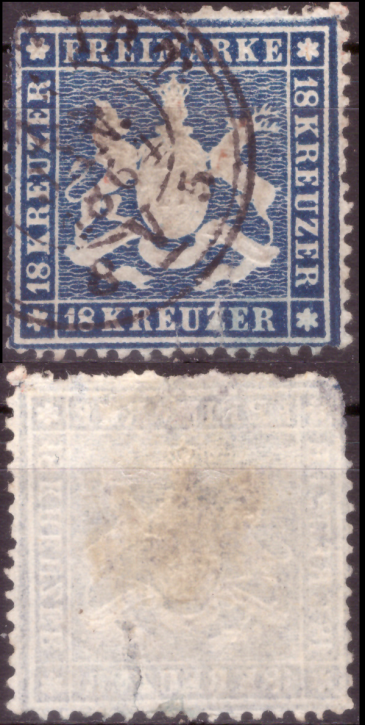 Briefmarken Altdeutschland Württemberg 1861, Mi. Nr. 20y (dünnes Papier) mit Fehler, Wappen, Gestempelt