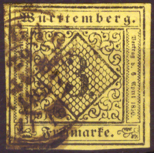 Briefmarken Altdeutschland Württemberg 1851, Mi. Nr. 2a, Ziffernzechnung, Gestempelt