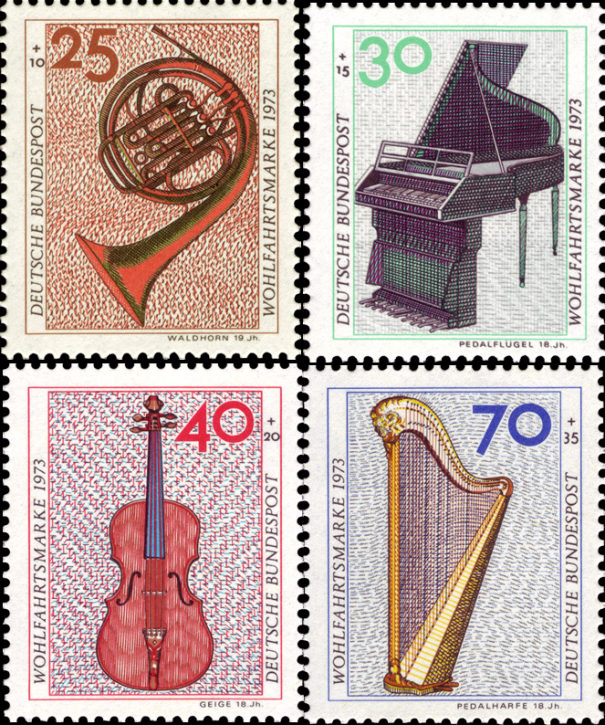 Briefmarken BRD (Bund) 1973, Mi.Nr. 782-785. Wohlfahrt: Musikinstrumente. Postfrisch