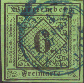 Briefmarken Altdeutschland Württemberg 1851, Mi. Nr. 3a, Ziffernzechnung, Gestempelt