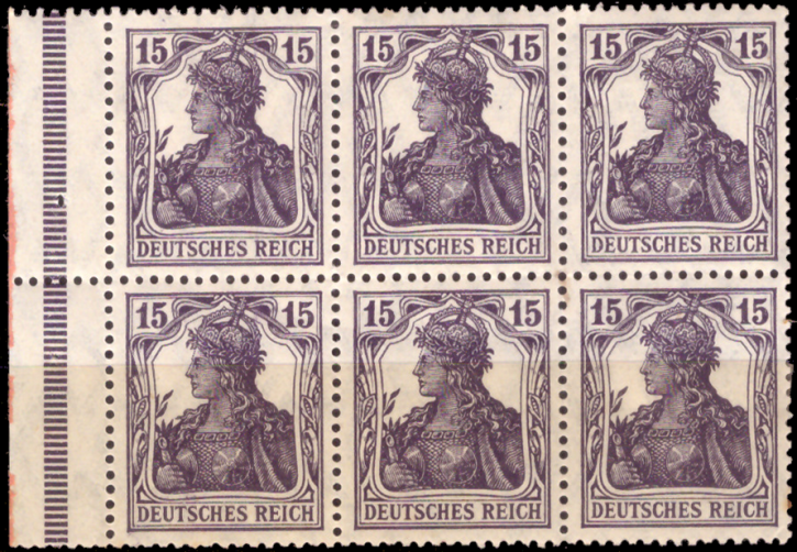 Briefmarken Deutsches Reich 1919, H-Blatt 15 a A MiNr 101 a, 6x 15 Pfennig, Heftchenblatt 15 Germania, Ungebraucht (mit Falz)