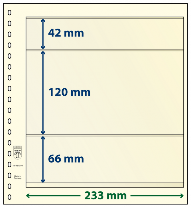 Lindner T-Blanko-Blätter mit 3 Streifen: 66 mm, Vergrößerte Rahmenbreite: 238 x 233 mm