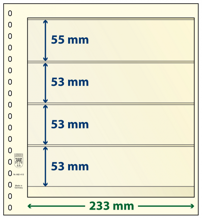 Lindner T-Blanko-Blätter mit 4 Streifen: 53 mm, Vergrößerte Rahmenbreite: 238 x 233 mm - 10er-Packung