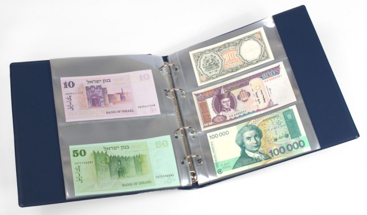 KOBRA Kleines Banknotenabum mit 20 glasklaren Folienhüllen im wattierten Norm-Ringbinder - Blau