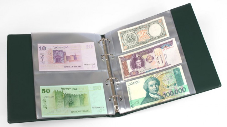 KOBRA Kleines Banknotenabum mit 20 glasklaren Folienhüllen im wattierten Norm-Ringbinder - Grün