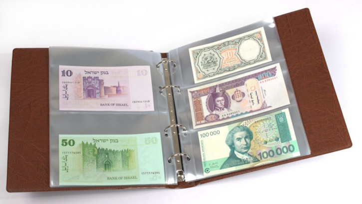 KOBRA Kleines Banknotenabum mit 20 glasklaren Folienhüllen im wattierten Norm-Ringbinder - Hellbraun