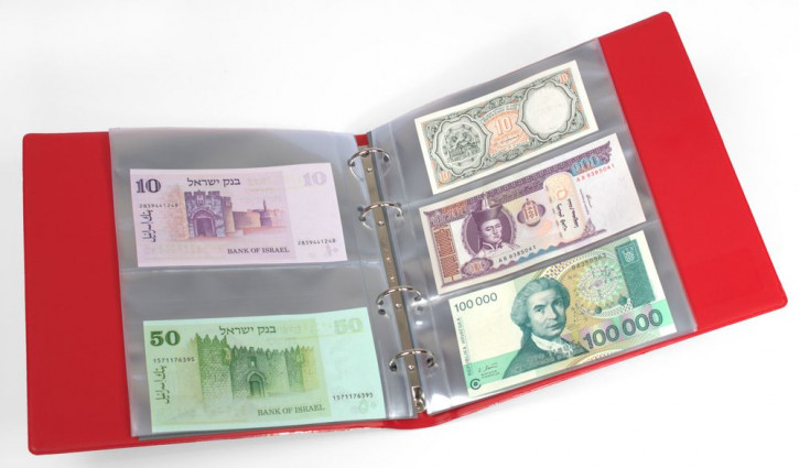 KOBRA Kleines Banknotenabum mit 20 glasklaren Folienhüllen im wattierten Norm-Ringbinder - Rot