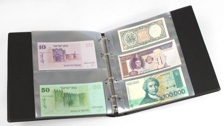 KOBRA Kleines Banknotenabum mit 20 glasklaren Folienhüllen im wattierten Norm-Ringbinder - Schwarz