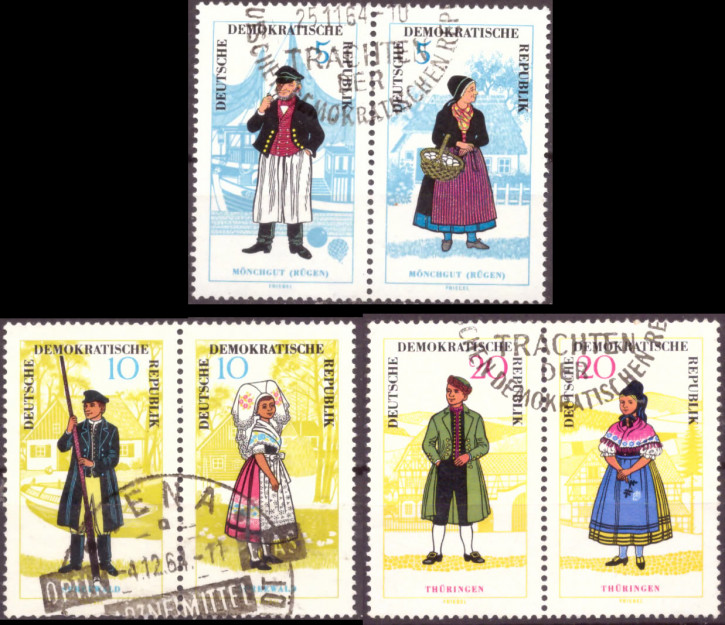 Briefmarken: DDR 1964 Mi.Nr. 1074-1079 (Paare WZd145, WZd147, WZd149), Trachten, Gestempelt