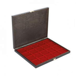 LINDNER Echtholz-Münzkassette CARUS-1 mit einer dunkelroten Münzeinlage für 20 Münzrähmchen 50x50 mm/Münzkapseln CARRÉE/OCTO Münzkapseln